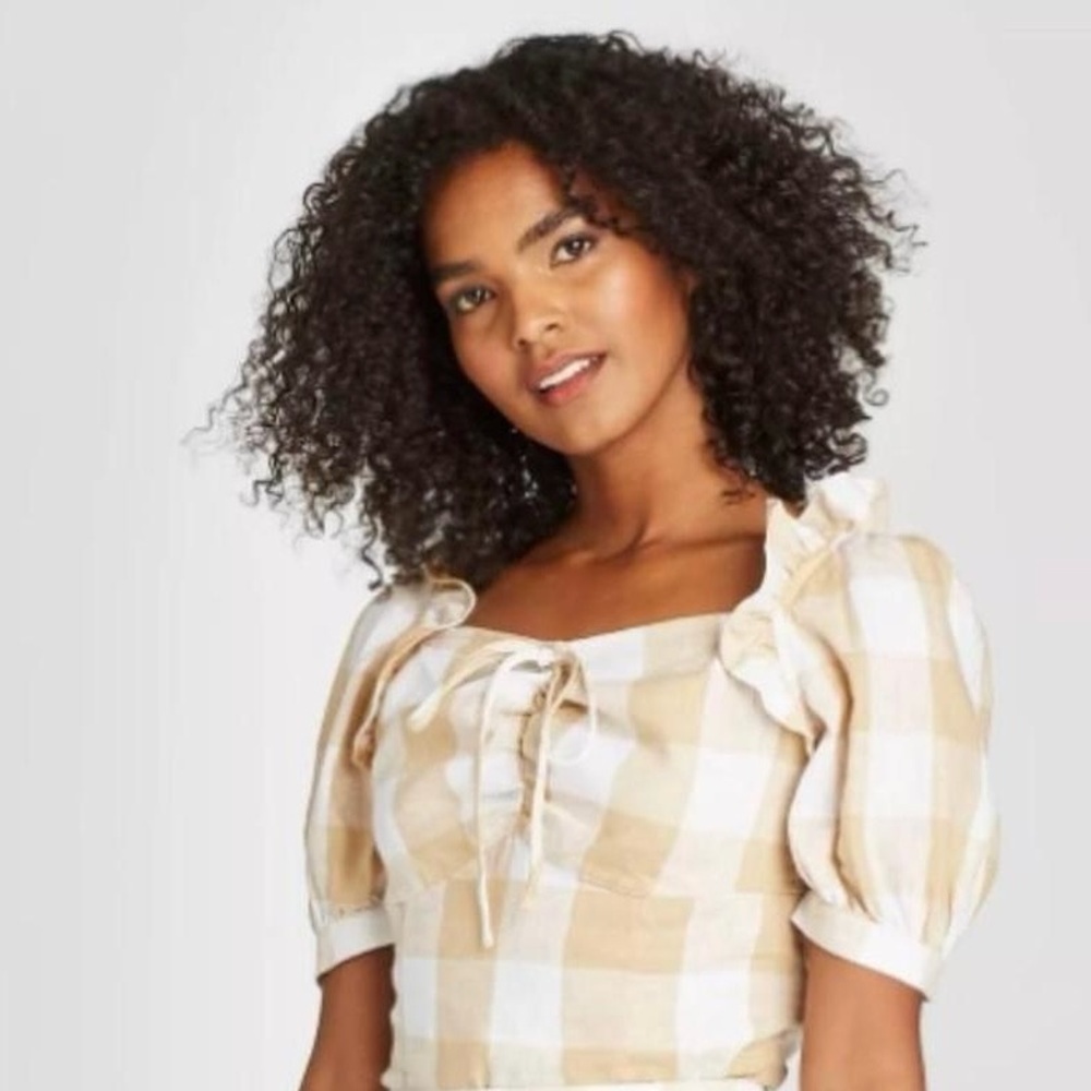 Who What Wear Gingham Puff Sleeve Front Dress Tie Cottagecore Milkmaid Top